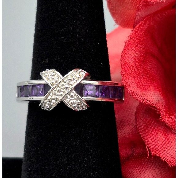 Sterling Silver Ring Amethyst Stones X Design Size 7 Signed 925 FAS - Picture 1 of 7